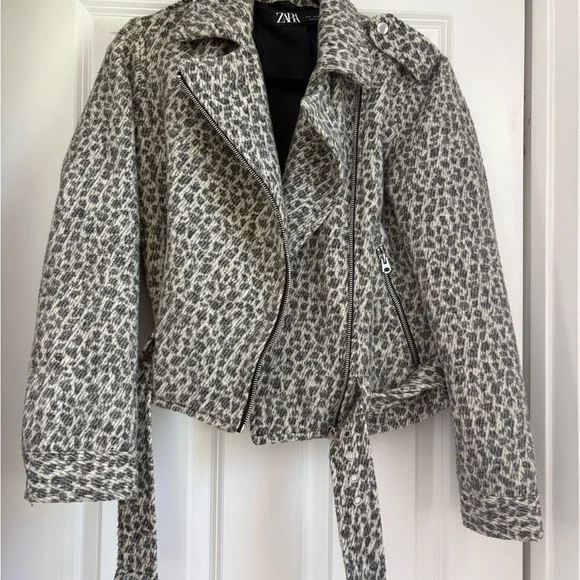 Zara Gray Leopard-Print Moto Jacket - Picture 1 of 4